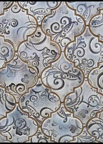 <h5>Trellis</h5><p>Custom made field tile in the classic “Arabesque” design. Swirl pattern in Skyy #315 stained glaze.</p>